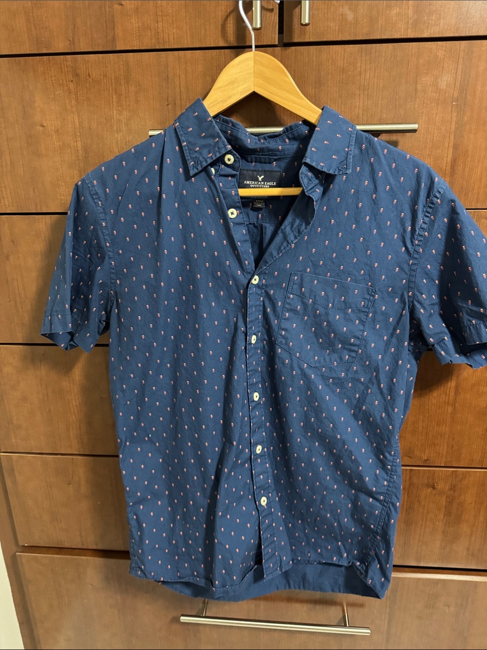 American Eagle Outfitters Navy Short-Sleeve Button-Up Shirt with Micro Print